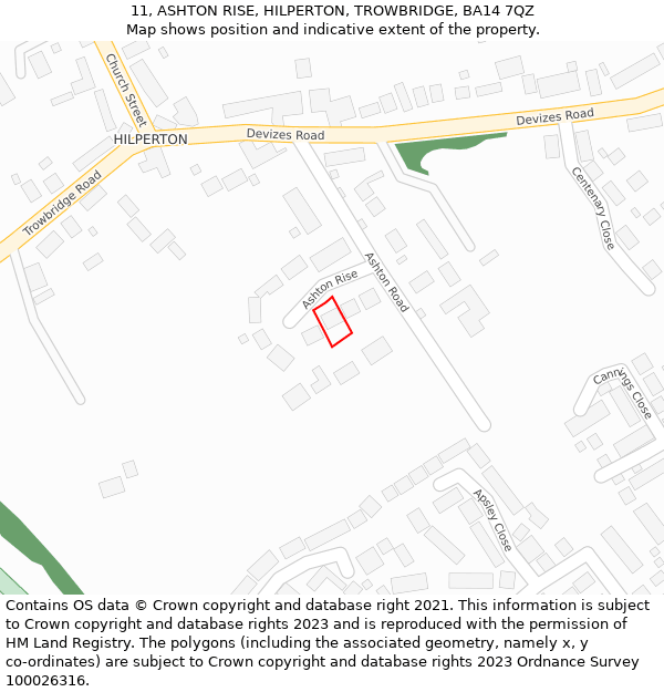 11, ASHTON RISE, HILPERTON, TROWBRIDGE, BA14 7QZ: Location map and indicative extent of plot