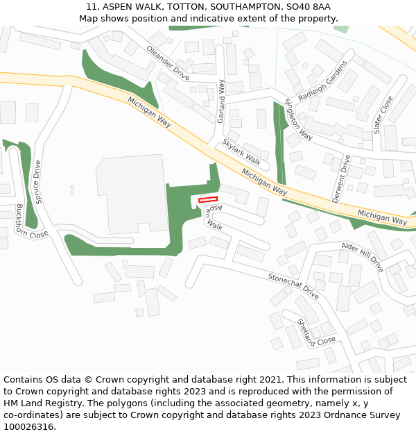 11, ASPEN WALK, TOTTON, SOUTHAMPTON, SO40 8AA: Location map and indicative extent of plot