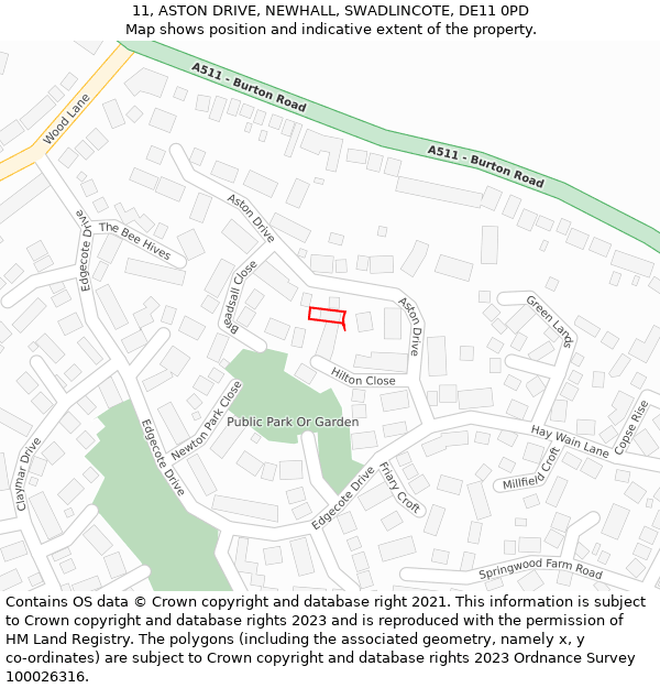 11, ASTON DRIVE, NEWHALL, SWADLINCOTE, DE11 0PD: Location map and indicative extent of plot