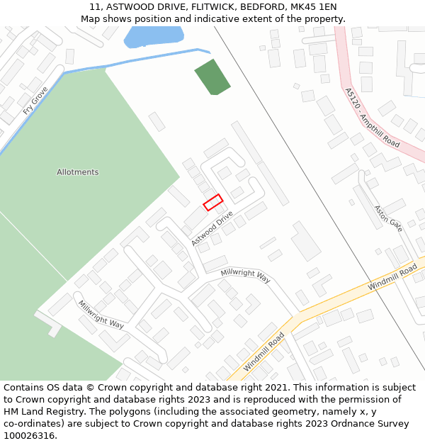 11, ASTWOOD DRIVE, FLITWICK, BEDFORD, MK45 1EN: Location map and indicative extent of plot