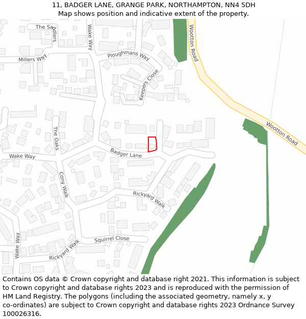 11, BADGER LANE, GRANGE PARK, NORTHAMPTON, NN4 5DH: Location map and indicative extent of plot