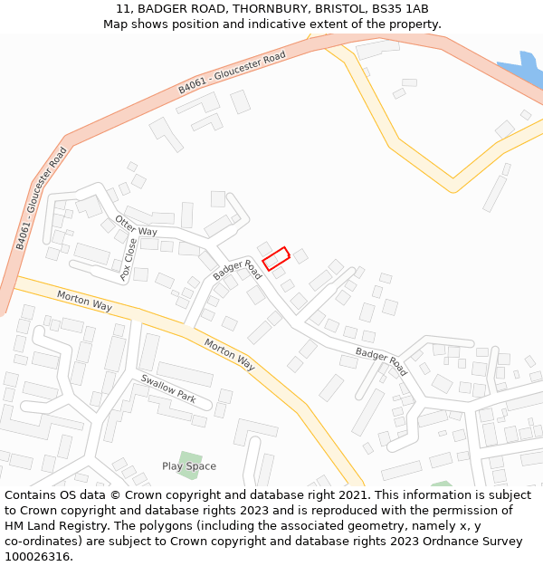 11, BADGER ROAD, THORNBURY, BRISTOL, BS35 1AB: Location map and indicative extent of plot