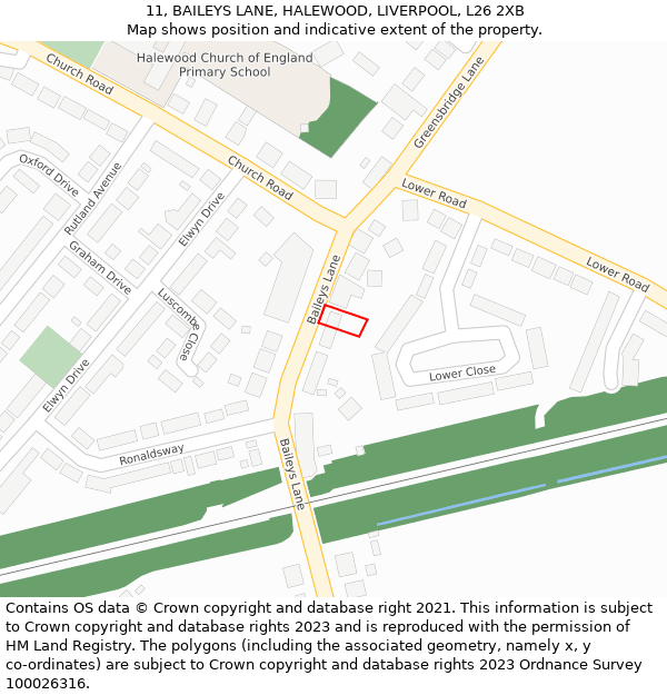 11, BAILEYS LANE, HALEWOOD, LIVERPOOL, L26 2XB: Location map and indicative extent of plot