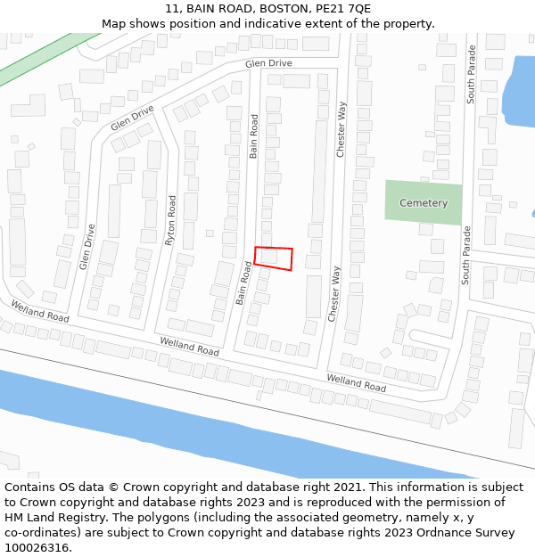 11, BAIN ROAD, BOSTON, PE21 7QE: Location map and indicative extent of plot