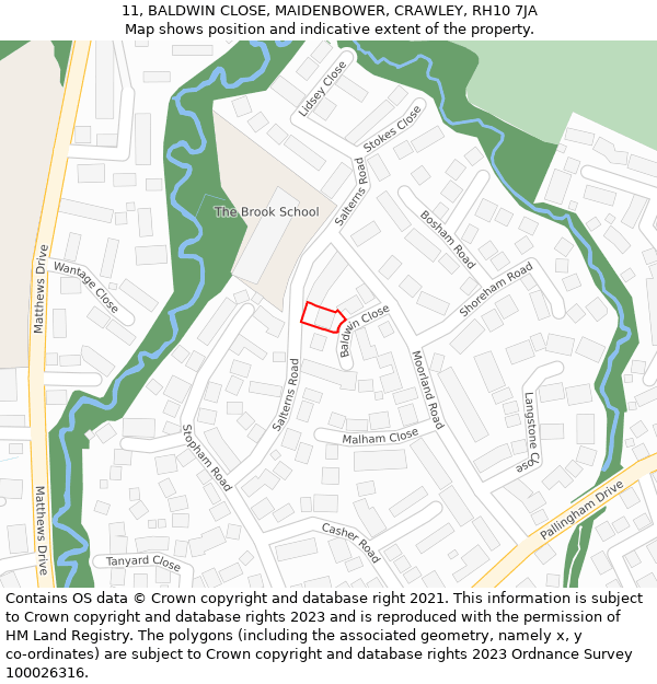 11, BALDWIN CLOSE, MAIDENBOWER, CRAWLEY, RH10 7JA: Location map and indicative extent of plot