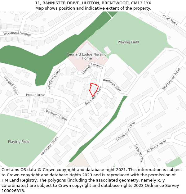 11, BANNISTER DRIVE, HUTTON, BRENTWOOD, CM13 1YX: Location map and indicative extent of plot