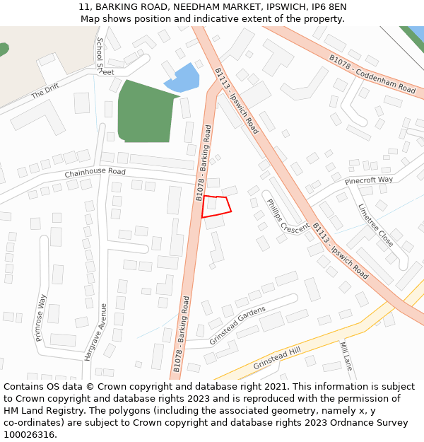 11, BARKING ROAD, NEEDHAM MARKET, IPSWICH, IP6 8EN: Location map and indicative extent of plot