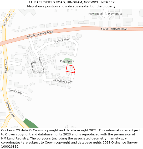 11, BARLEYFIELD ROAD, HINGHAM, NORWICH, NR9 4EX: Location map and indicative extent of plot