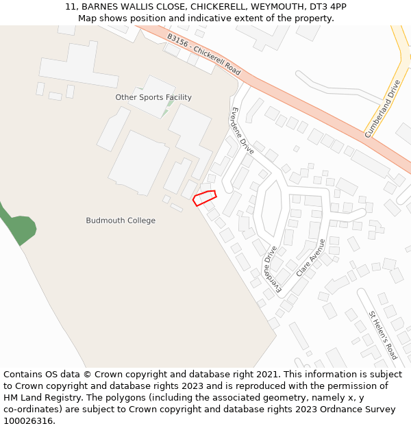 11, BARNES WALLIS CLOSE, CHICKERELL, WEYMOUTH, DT3 4PP: Location map and indicative extent of plot