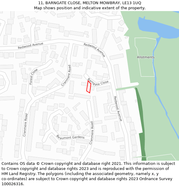 11, BARNGATE CLOSE, MELTON MOWBRAY, LE13 1UQ: Location map and indicative extent of plot