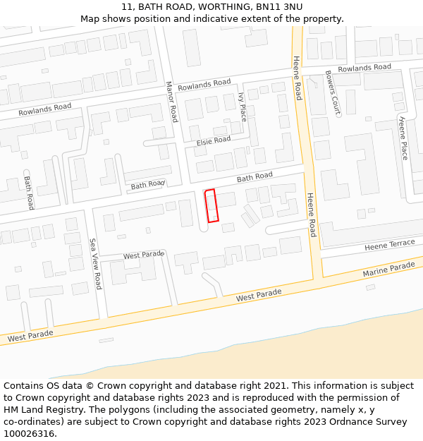 11, BATH ROAD, WORTHING, BN11 3NU: Location map and indicative extent of plot