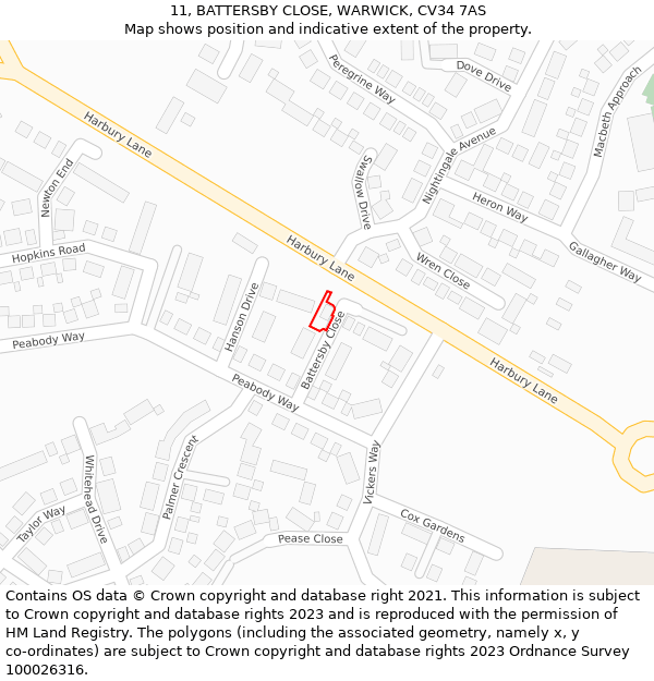 11, BATTERSBY CLOSE, WARWICK, CV34 7AS: Location map and indicative extent of plot