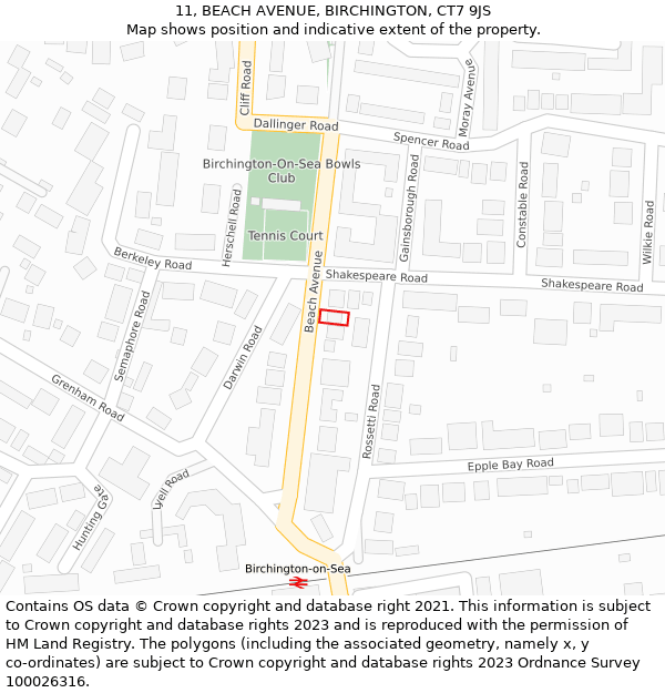 11, BEACH AVENUE, BIRCHINGTON, CT7 9JS: Location map and indicative extent of plot