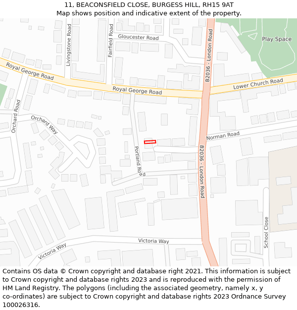 11, BEACONSFIELD CLOSE, BURGESS HILL, RH15 9AT: Location map and indicative extent of plot