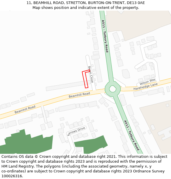 11, BEAMHILL ROAD, STRETTON, BURTON-ON-TRENT, DE13 0AE: Location map and indicative extent of plot