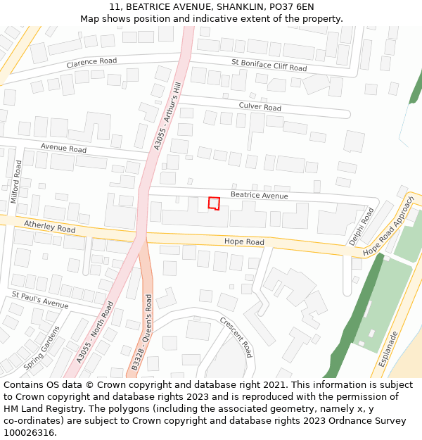 11, BEATRICE AVENUE, SHANKLIN, PO37 6EN: Location map and indicative extent of plot