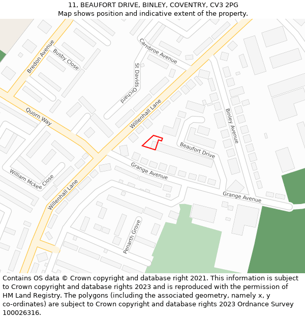 11, BEAUFORT DRIVE, BINLEY, COVENTRY, CV3 2PG: Location map and indicative extent of plot