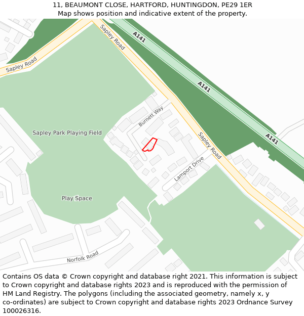 11, BEAUMONT CLOSE, HARTFORD, HUNTINGDON, PE29 1ER: Location map and indicative extent of plot