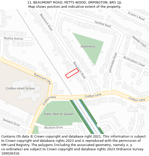11, BEAUMONT ROAD, PETTS WOOD, ORPINGTON, BR5 1JL: Location map and indicative extent of plot