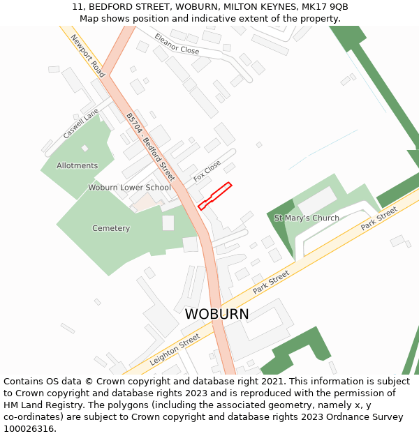 11, BEDFORD STREET, WOBURN, MILTON KEYNES, MK17 9QB: Location map and indicative extent of plot