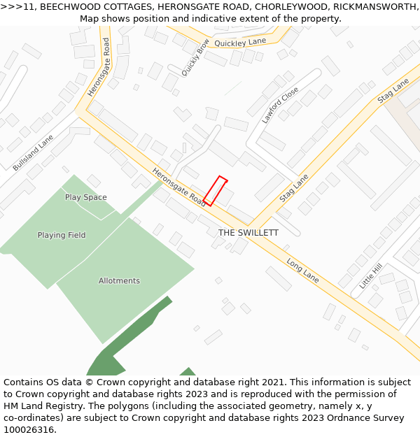 11, BEECHWOOD COTTAGES, HERONSGATE ROAD, CHORLEYWOOD, RICKMANSWORTH, WD3 5BW: Location map and indicative extent of plot