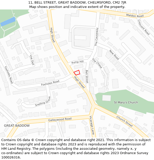 11, BELL STREET, GREAT BADDOW, CHELMSFORD, CM2 7JR: Location map and indicative extent of plot