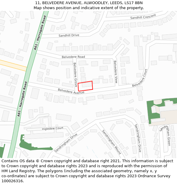 11, BELVEDERE AVENUE, ALWOODLEY, LEEDS, LS17 8BN: Location map and indicative extent of plot