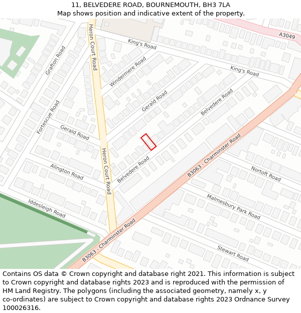 11, BELVEDERE ROAD, BOURNEMOUTH, BH3 7LA: Location map and indicative extent of plot