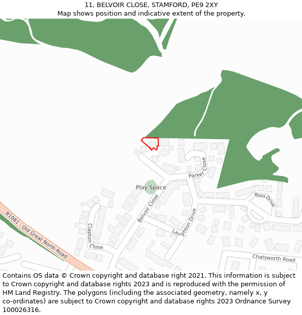 11, BELVOIR CLOSE, STAMFORD, PE9 2XY: Location map and indicative extent of plot