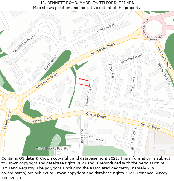 11, BENNETT ROAD, MADELEY, TELFORD, TF7 4BN: Location map and indicative extent of plot