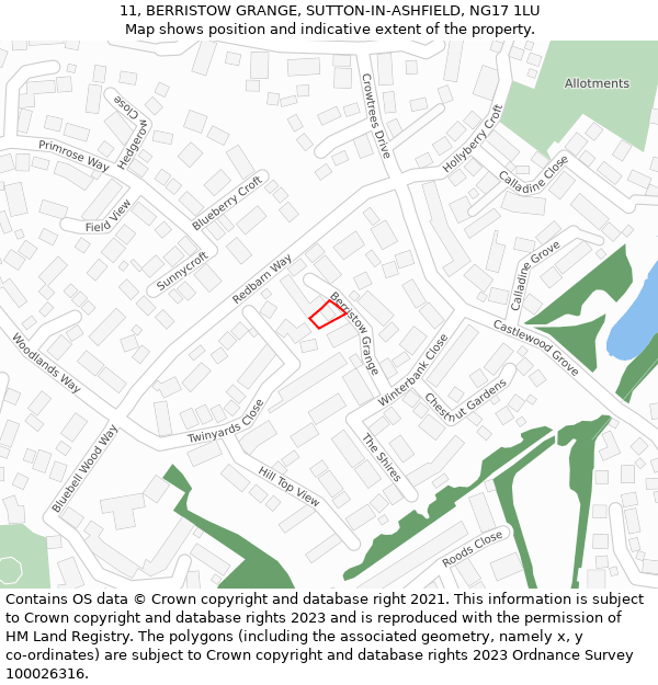 11, BERRISTOW GRANGE, SUTTON-IN-ASHFIELD, NG17 1LU: Location map and indicative extent of plot