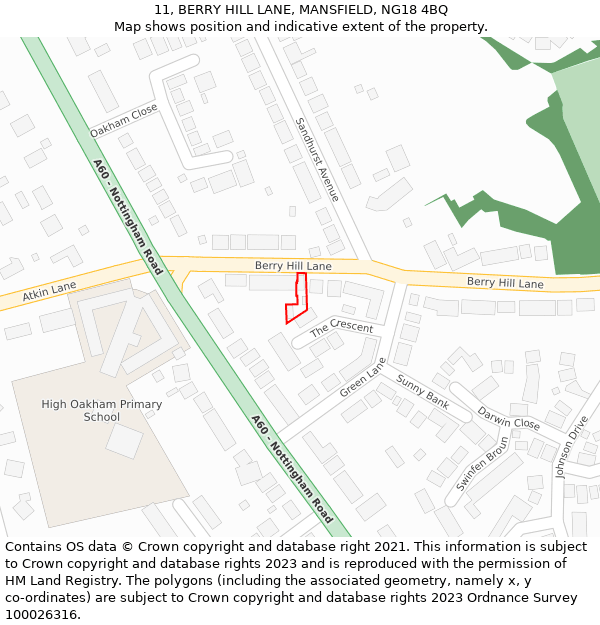 11, BERRY HILL LANE, MANSFIELD, NG18 4BQ: Location map and indicative extent of plot