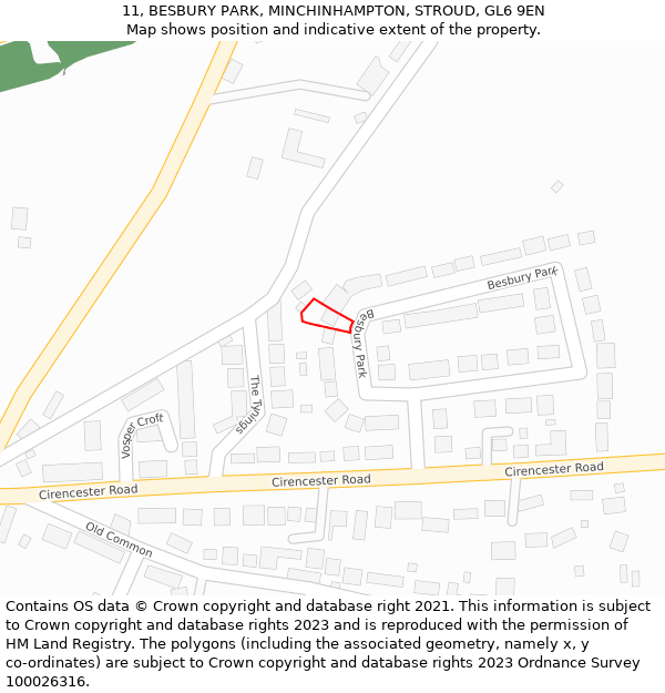 11, BESBURY PARK, MINCHINHAMPTON, STROUD, GL6 9EN: Location map and indicative extent of plot