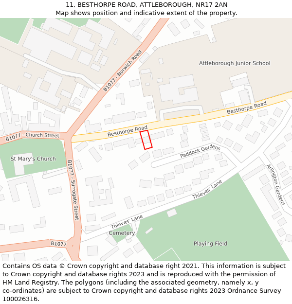 11, BESTHORPE ROAD, ATTLEBOROUGH, NR17 2AN: Location map and indicative extent of plot