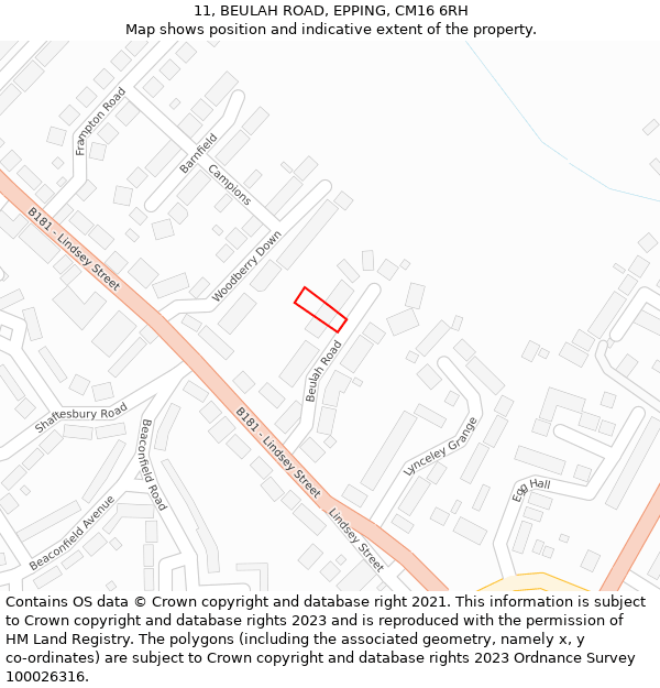 11, BEULAH ROAD, EPPING, CM16 6RH: Location map and indicative extent of plot