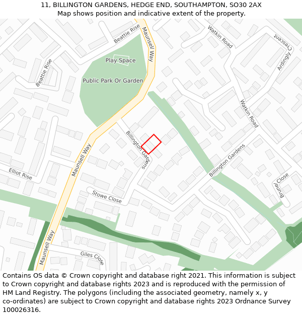 11, BILLINGTON GARDENS, HEDGE END, SOUTHAMPTON, SO30 2AX: Location map and indicative extent of plot