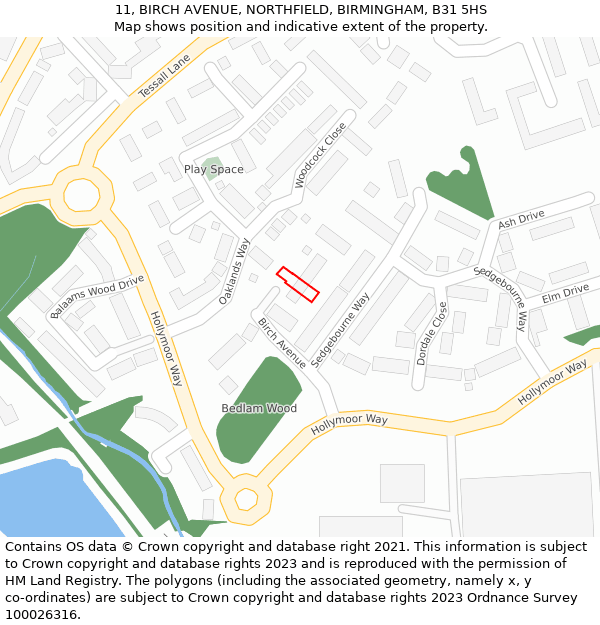 11, BIRCH AVENUE, NORTHFIELD, BIRMINGHAM, B31 5HS: Location map and indicative extent of plot