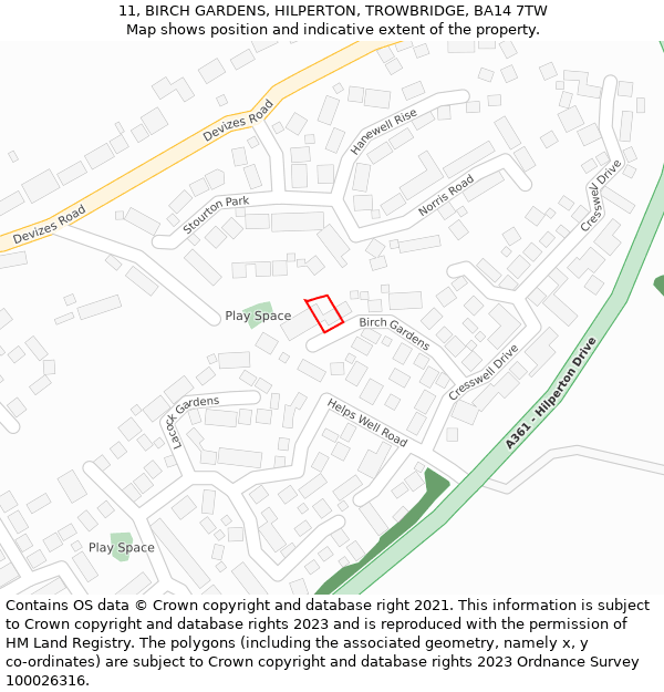 11, BIRCH GARDENS, HILPERTON, TROWBRIDGE, BA14 7TW: Location map and indicative extent of plot