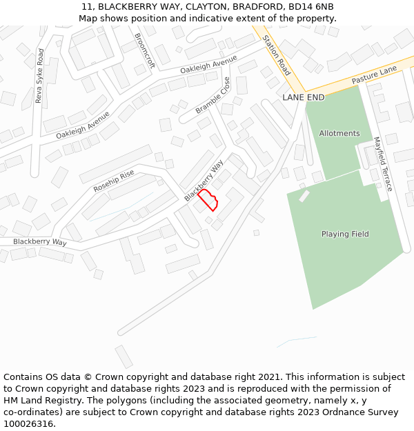 11, BLACKBERRY WAY, CLAYTON, BRADFORD, BD14 6NB: Location map and indicative extent of plot