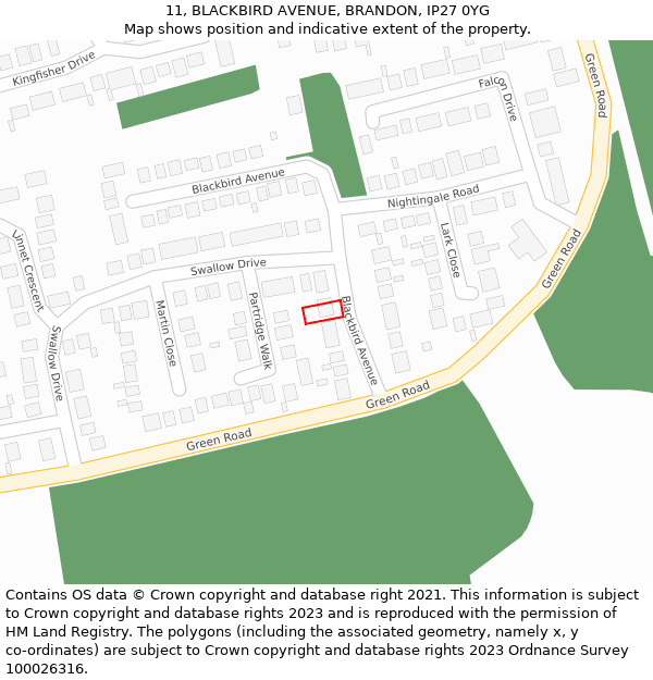 11, BLACKBIRD AVENUE, BRANDON, IP27 0YG: Location map and indicative extent of plot