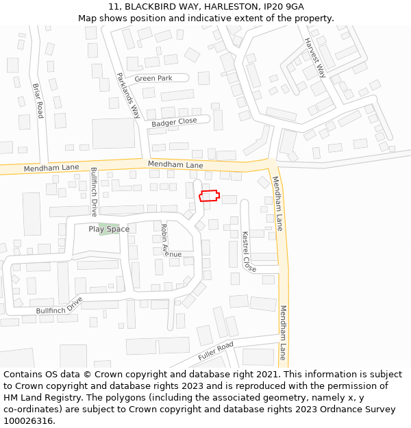 11, BLACKBIRD WAY, HARLESTON, IP20 9GA: Location map and indicative extent of plot