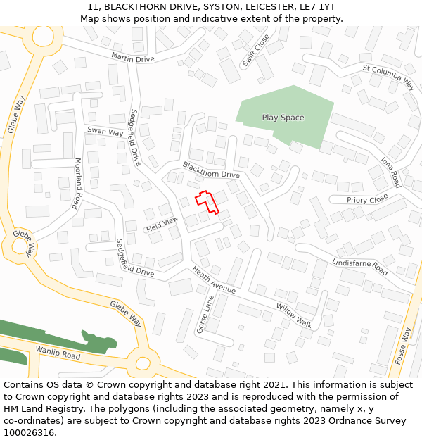 11, BLACKTHORN DRIVE, SYSTON, LEICESTER, LE7 1YT: Location map and indicative extent of plot