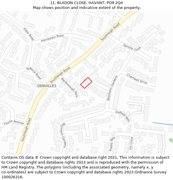 11, BLADON CLOSE, HAVANT, PO9 2QA: Location map and indicative extent of plot