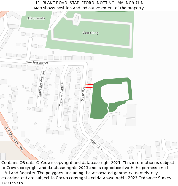 11, BLAKE ROAD, STAPLEFORD, NOTTINGHAM, NG9 7HN: Location map and indicative extent of plot