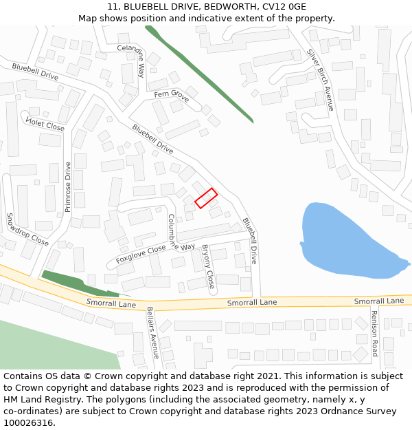 11, BLUEBELL DRIVE, BEDWORTH, CV12 0GE: Location map and indicative extent of plot