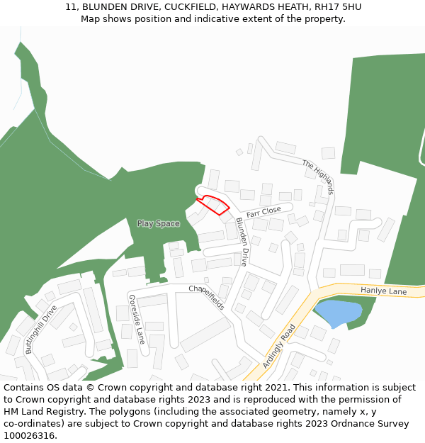 11, BLUNDEN DRIVE, CUCKFIELD, HAYWARDS HEATH, RH17 5HU: Location map and indicative extent of plot