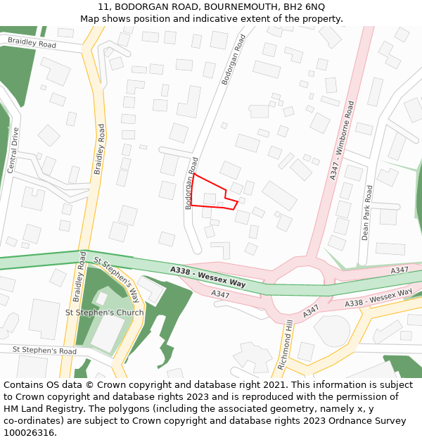 11, BODORGAN ROAD, BOURNEMOUTH, BH2 6NQ: Location map and indicative extent of plot