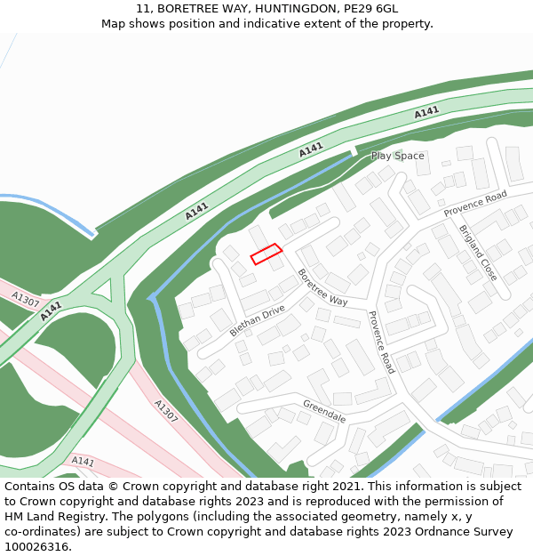 11, BORETREE WAY, HUNTINGDON, PE29 6GL: Location map and indicative extent of plot