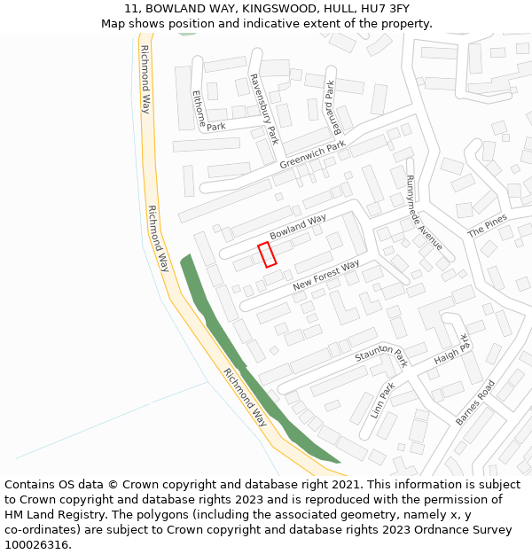 11, BOWLAND WAY, KINGSWOOD, HULL, HU7 3FY: Location map and indicative extent of plot