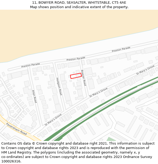 11, BOWYER ROAD, SEASALTER, WHITSTABLE, CT5 4AE: Location map and indicative extent of plot